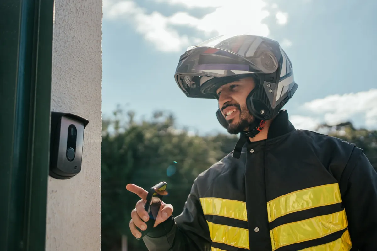 Entregador tocando o interfone para entregar o pedido